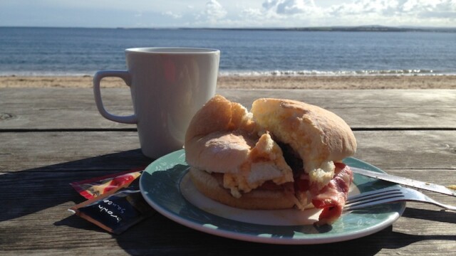 ...which consist of local Munros bacon, haggis and tomato in a roll, plus scrambled egg if you fancy, I usually do, pure bliss on a plate...
